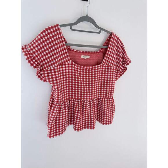 Madwell Red & White Gingham Knit Ruffle-Hem Top-Size M - Picture 3 of 7